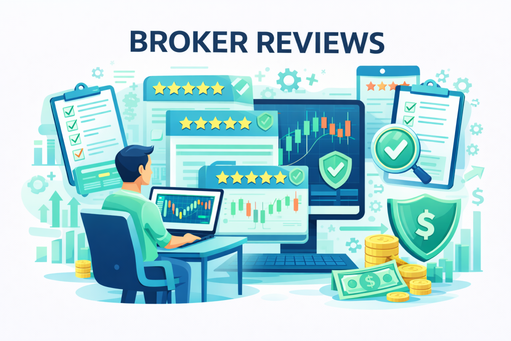 Forex broker review illustration showing trading platform, charts, ratings and security elements