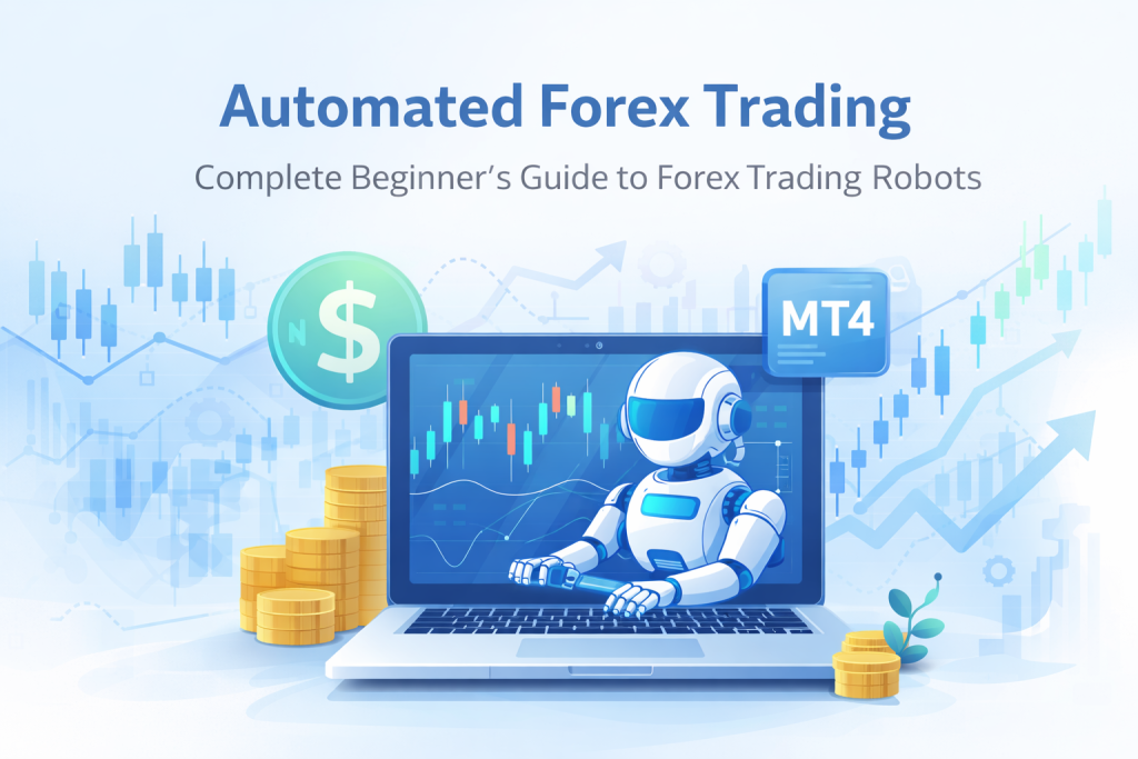 Automated Forex trading robot on laptop screen with financial charts and AI technology concept