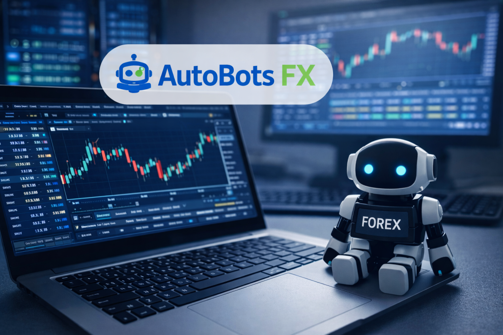 Automated Forex trading robots with charts on laptop screen