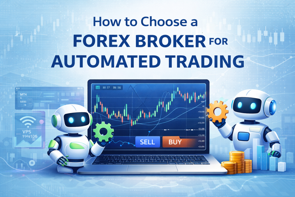 Forex broker for automated trading comparison on laptop screen with trading robot